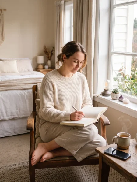 Mental Peace lifestyle habit with journaling, tea, plants, and screen-free morning routine