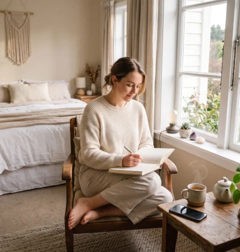 Mental Peace lifestyle habit with journaling, tea, plants, and screen-free morning routine