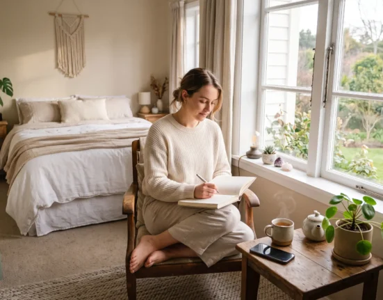 Mental Peace lifestyle habit with journaling, tea, plants, and screen-free morning routine
